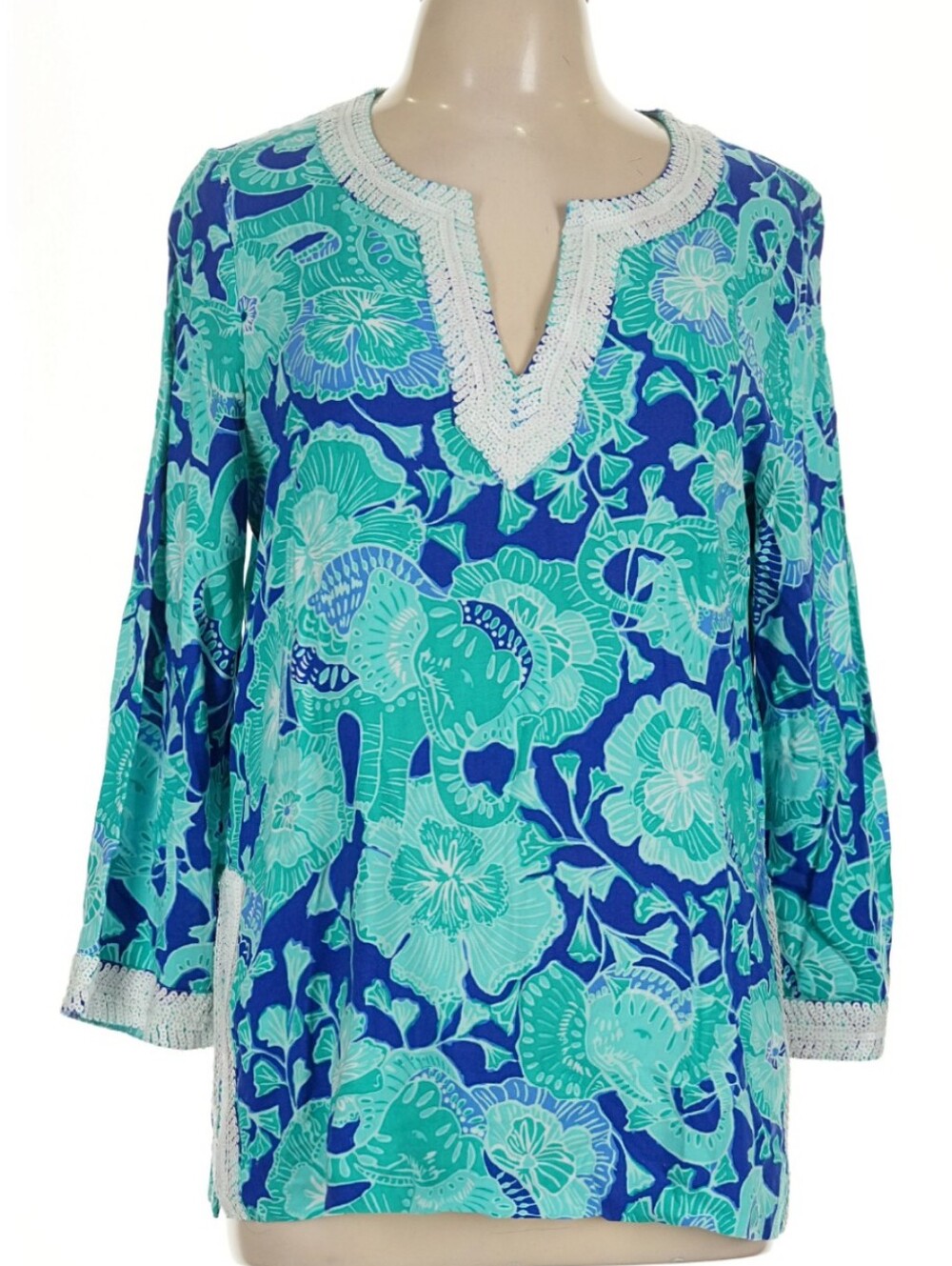 Lilly Pulitzer Size M Blue & Teal Floral Split-Neck Sequin Tunic Tops 3/4 Sleeve